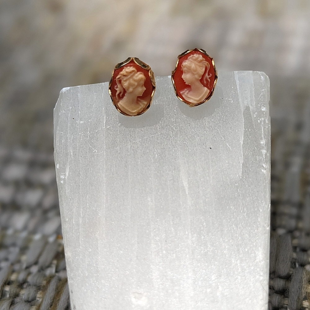 SOLD Tiny Cameo Stud Earring Set with Lady's Portrait + Gold-Tone | VICTORIAN